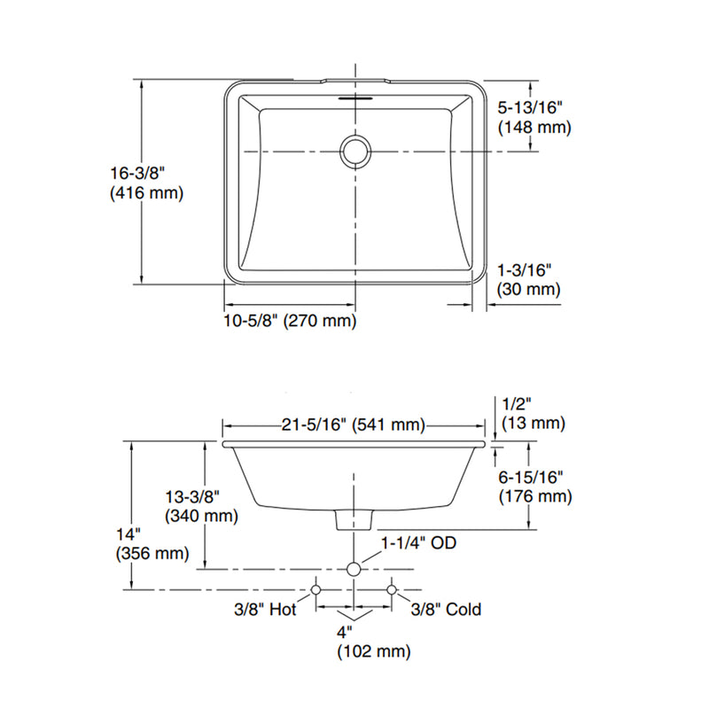 Brazn Rectangular Bathroom Sink - Under Mount - 21" Vitreous China/White