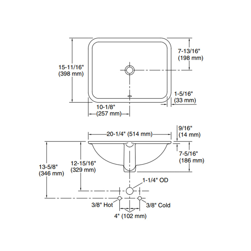 Caxton Rectangular Bathroom Sink - Under Mount - 21" Vitreous China/White