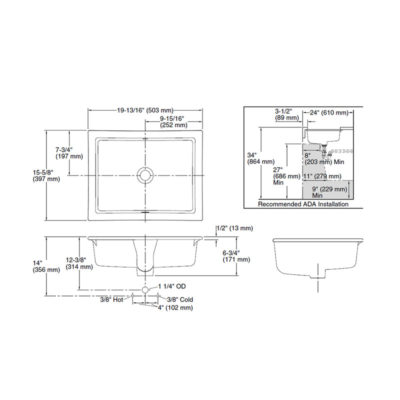 Verticyl Rectangular Bathroom Sink - Under Mount - 20" Vitreous China/Biscuit (Final Sale)