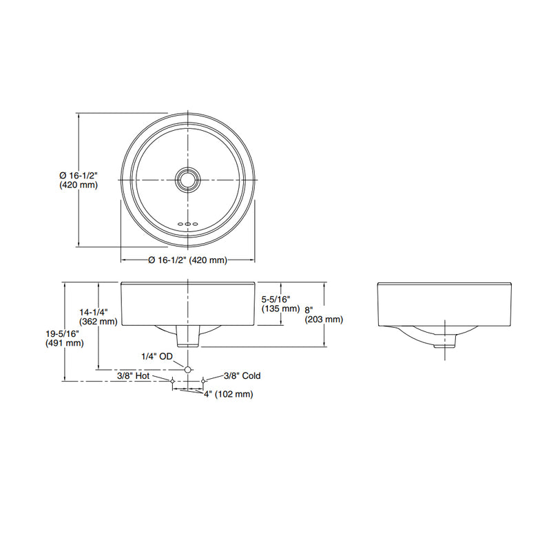 Vox Round Bathroom Sink - Vessel - 17" Vitreous China/White