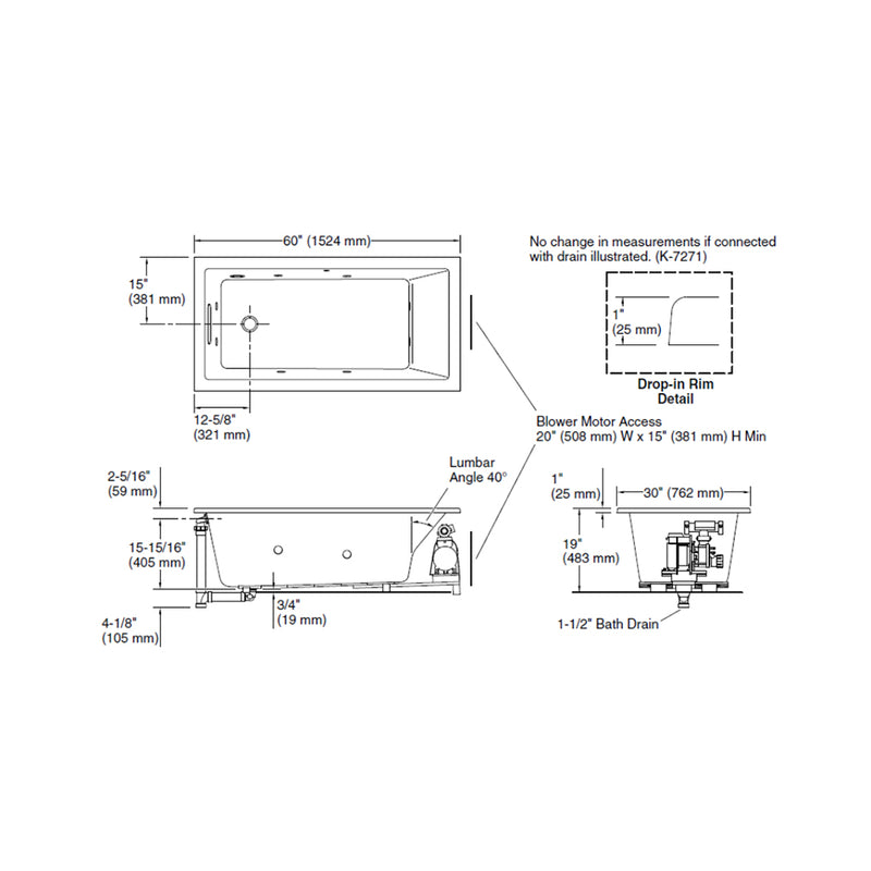 Underscore Reversible Drain Bathtub - Drop-In - 60" Acrylic/White