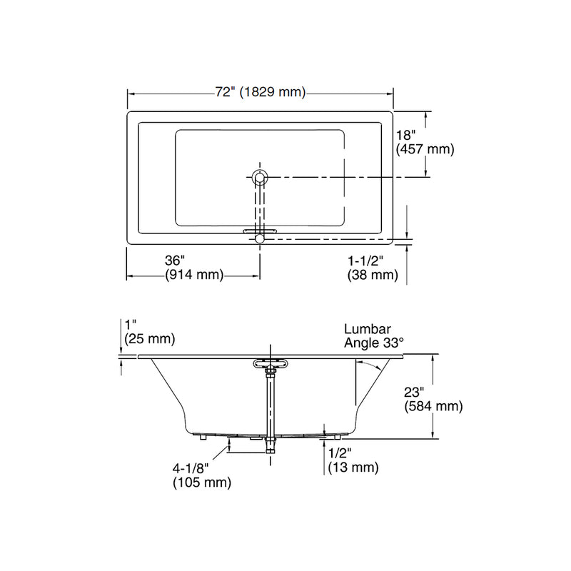 Underscore Center Drain Bathtub - Drop-In - 72" Acrylic/White