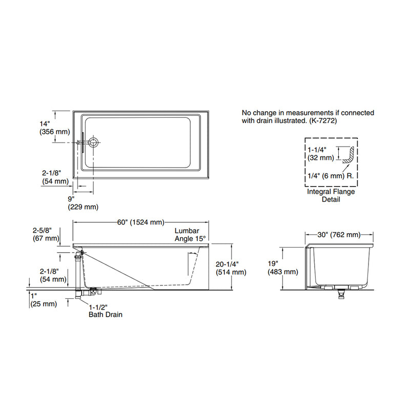 Underscore Left Drain Bathtub - Alcove - 60" Acrylic/White
