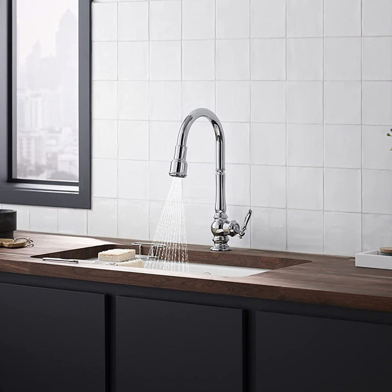 Artifacts Pull-Down Kitchen Faucet - Single Hole - 18" Brass/Polished Chrome