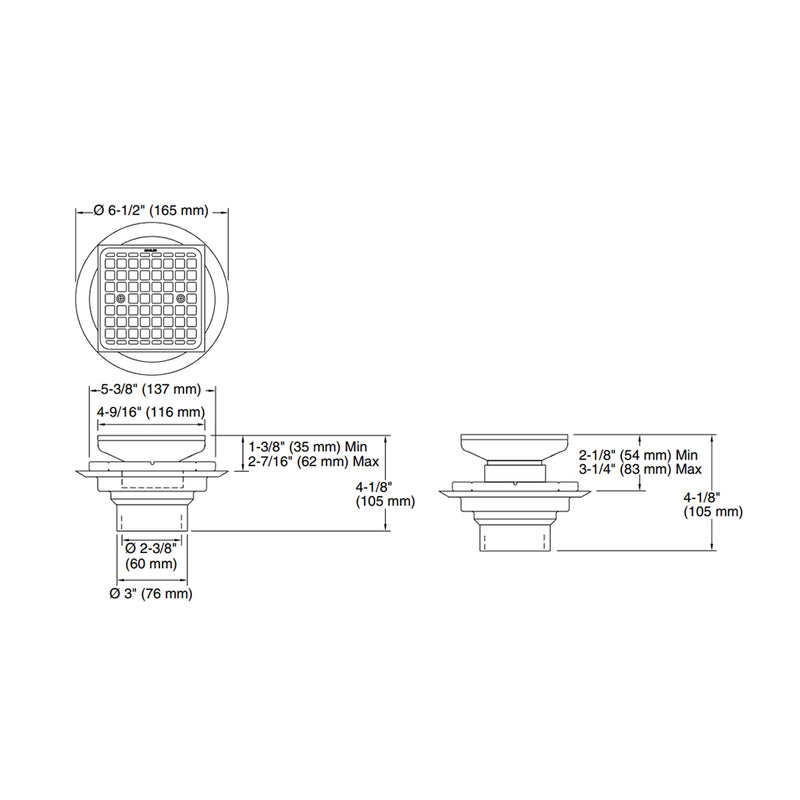 Clearflo Square Shower Drain - Floor Mount - 5" Brass/Abs/Matt Black