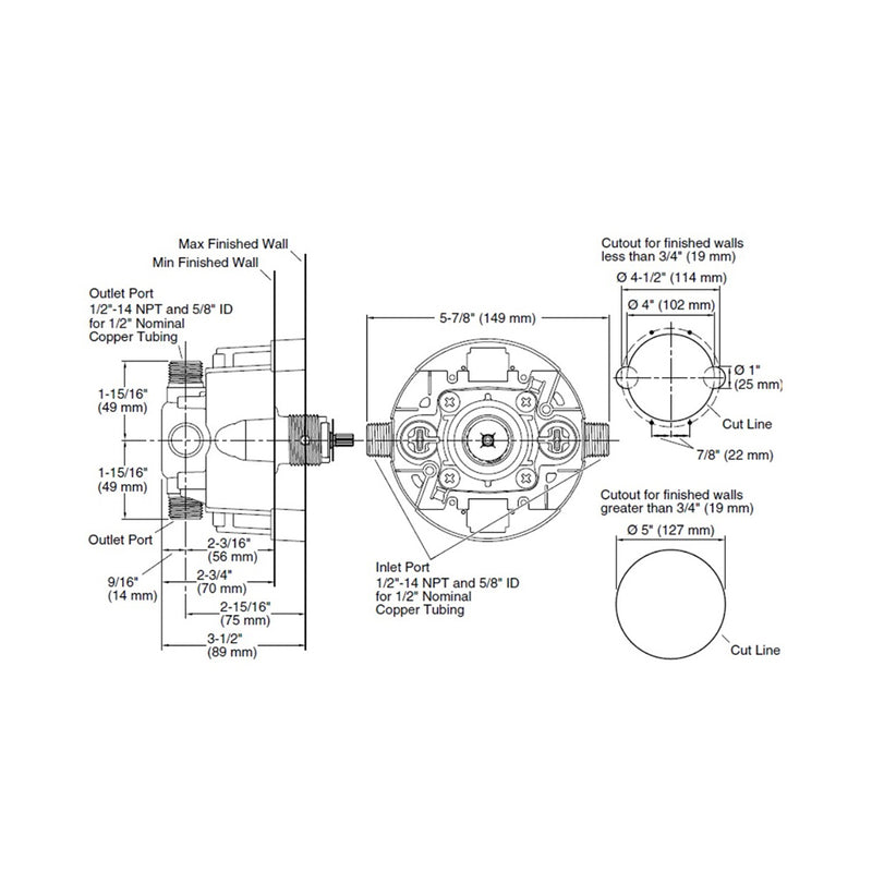 Rite-Temp Pressure-Balancing Shower Rough - Built-In - 6" Brass/Matt Black