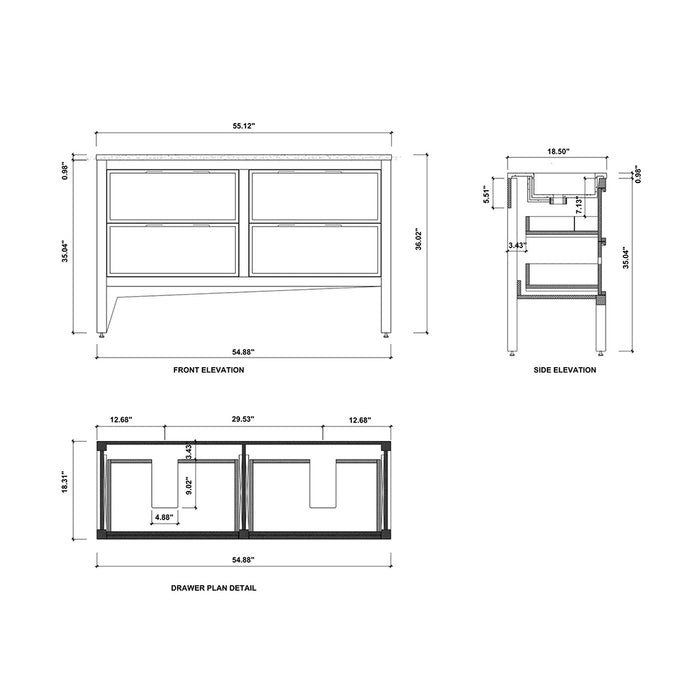 Annecy 4 Drawers Bathroom Vanity with Acrylic Sink - Floor Mount - 55" Wood/Dark Walnut