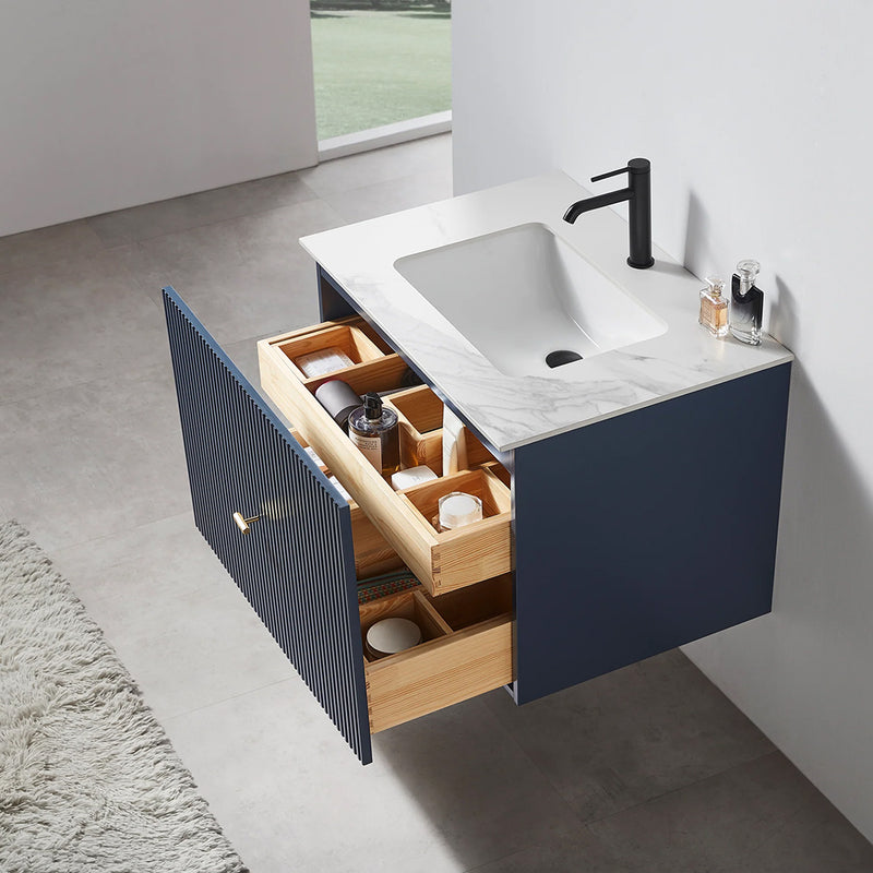 Barcelona 1 Drawer Bathroom Vanity White with Stone Sink - Wall Mount - 30" Wood/Dark Blue