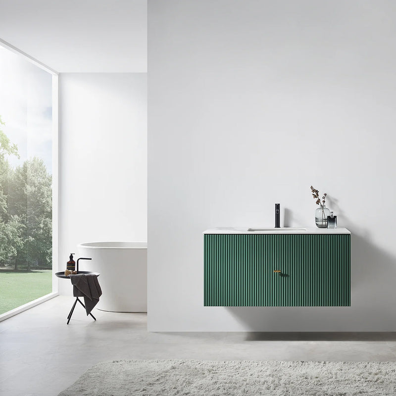 Barcelona 1 Drawer Bathroom Vanity  White with Stone Sink - Wall Mount - 42" Wood/Forest Green