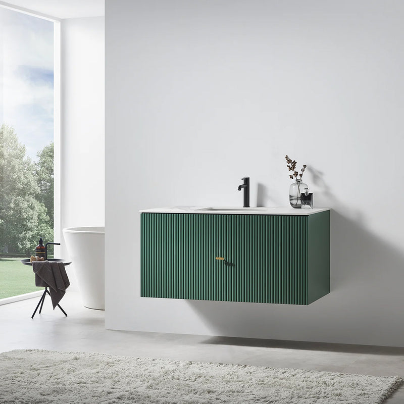 Barcelona 1 Drawer Bathroom Vanity  White with Stone Sink - Wall Mount - 42" Wood/Forest Green
