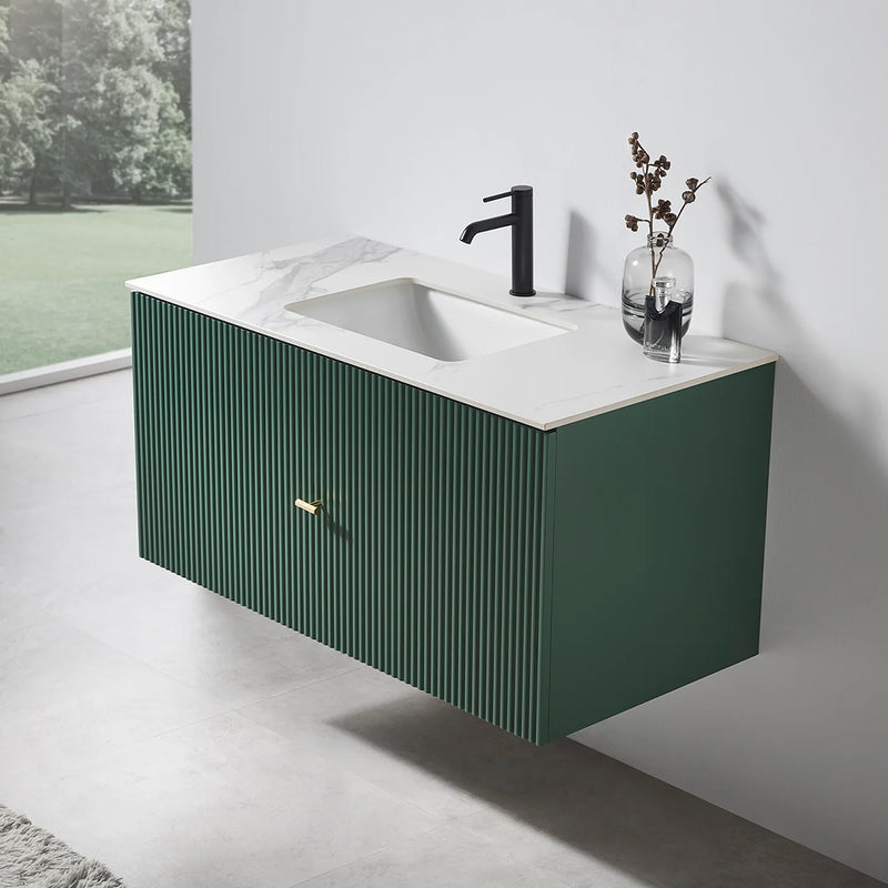 Barcelona 1 Drawer Bathroom Vanity  White with Stone Sink - Wall Mount - 42" Wood/Forest Green