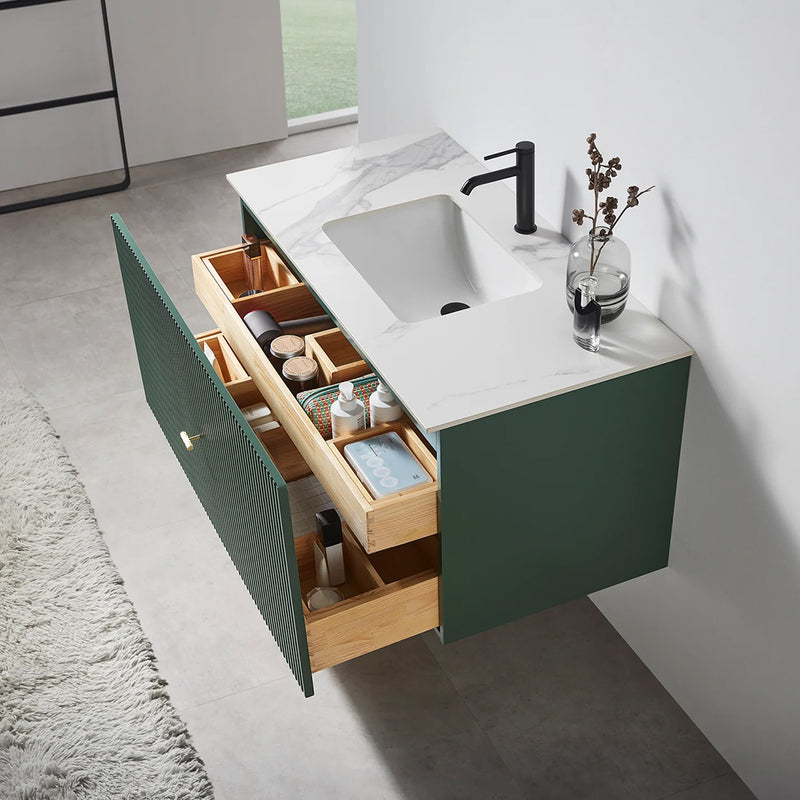 Barcelona 1 Drawer Bathroom Vanity  White with Stone Sink - Wall Mount - 42" Wood/Forest Green