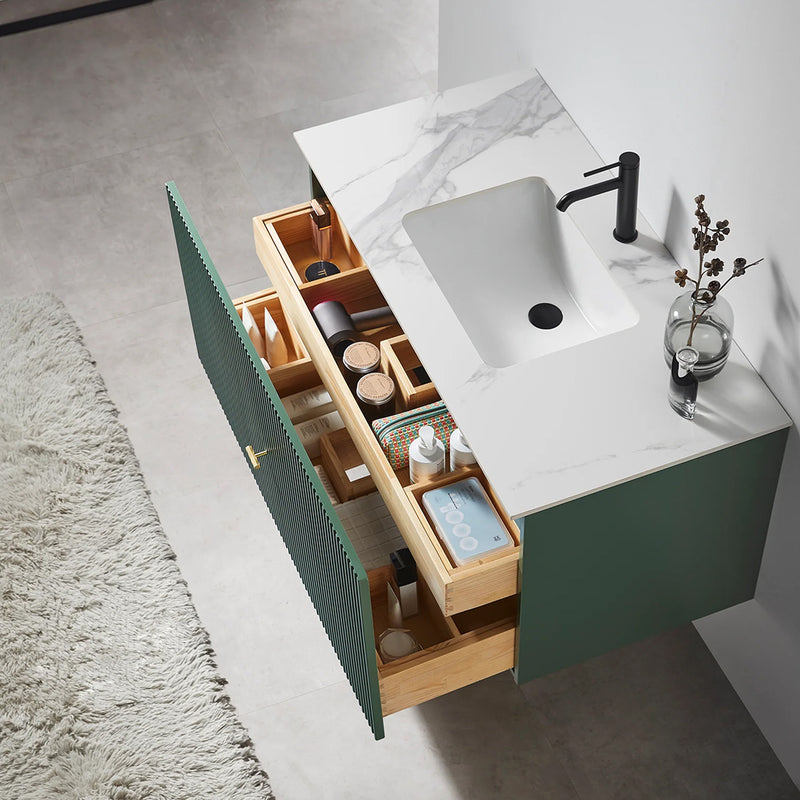 Barcelona 1 Drawer Bathroom Vanity  White with Stone Sink - Wall Mount - 42" Wood/Forest Green