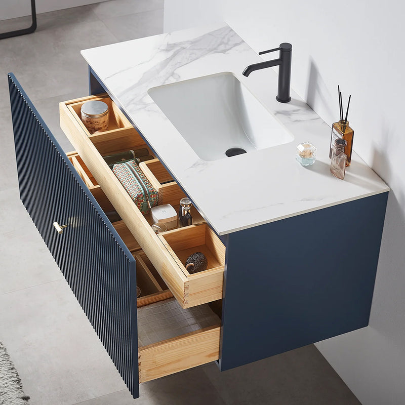Barcelona 1 Drawer Bathroom Vanity White with Stone Sink - Wall Mount - 42" Wood/Dark Blue