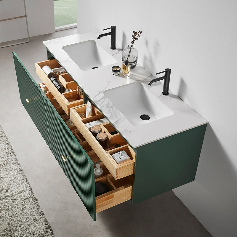 Barcelona 2 Drawers Bathroom Vanity White with White Stone Sink - Wall Mount - 60" Wood/Forest Green
