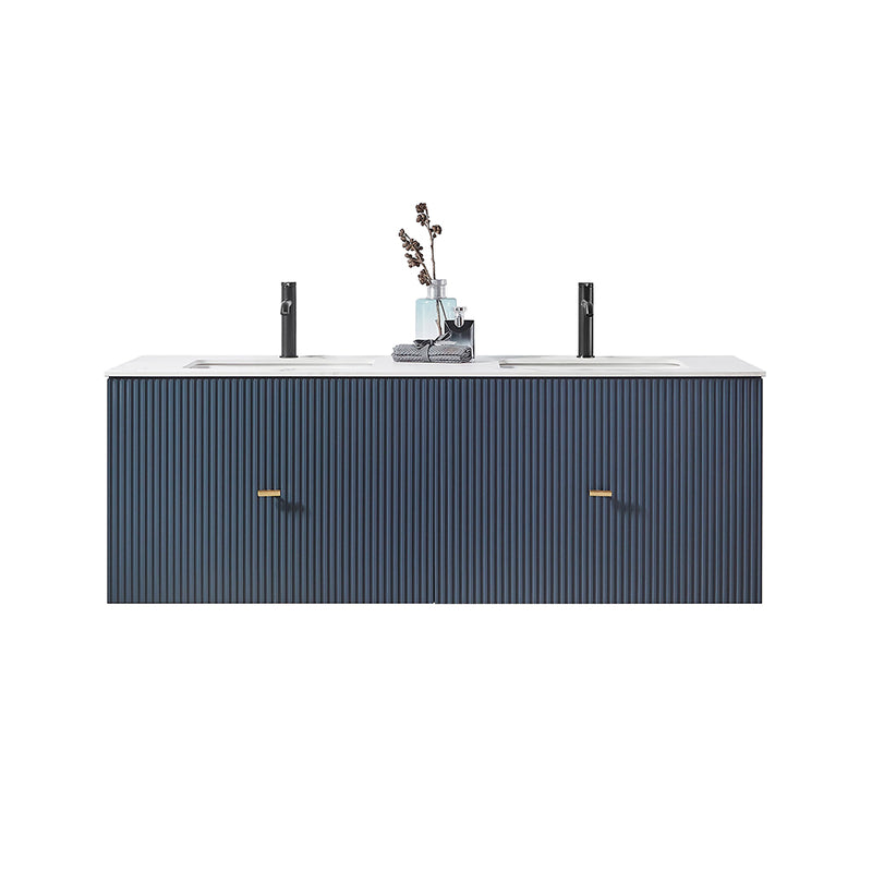 Barcelona 2 Drawers Bathroom Vanity White with White Stone Sink - Wall Mount - 60" Wood/Dark Blue