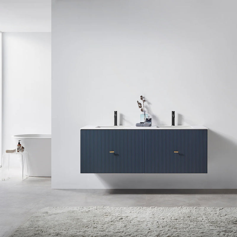 Barcelona 2 Drawers Bathroom Vanity White with White Stone Sink - Wall Mount - 60" Wood/Dark Blue