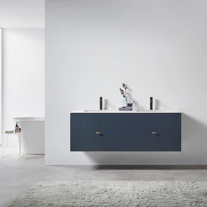 Barcelona 2 Drawers Bathroom Vanity with Stone Sink - Wall Mount - 60" Wood/Dark Blue