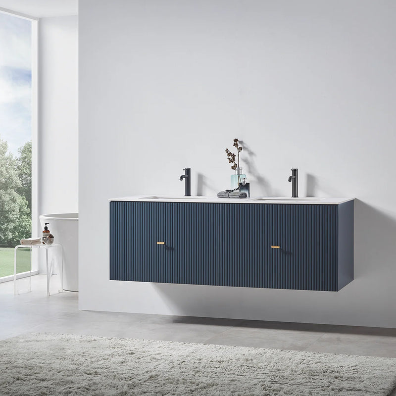 Barcelona 2 Drawers Bathroom Vanity White with White Stone Sink - Wall Mount - 60" Wood/Dark Blue