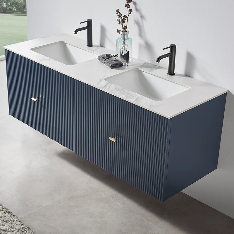 Barcelona 2 Drawers Bathroom Vanity White with White Stone Sink - Wall Mount - 60" Wood/Dark Blue