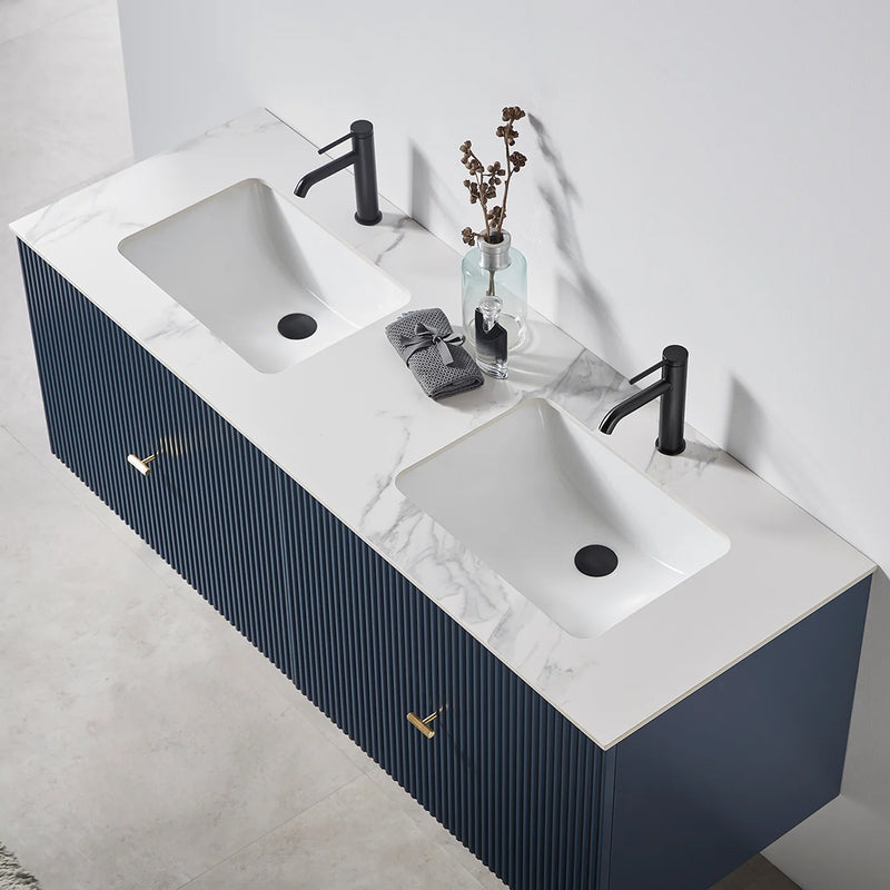 Barcelona 2 Drawers Bathroom Vanity White with White Stone Sink - Wall Mount - 60" Wood/Dark Blue