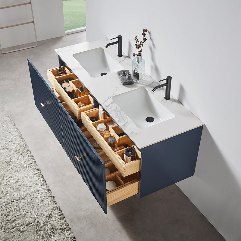Barcelona 2 Drawers Bathroom Vanity White with White Stone Sink - Wall Mount - 60" Wood/Dark Blue