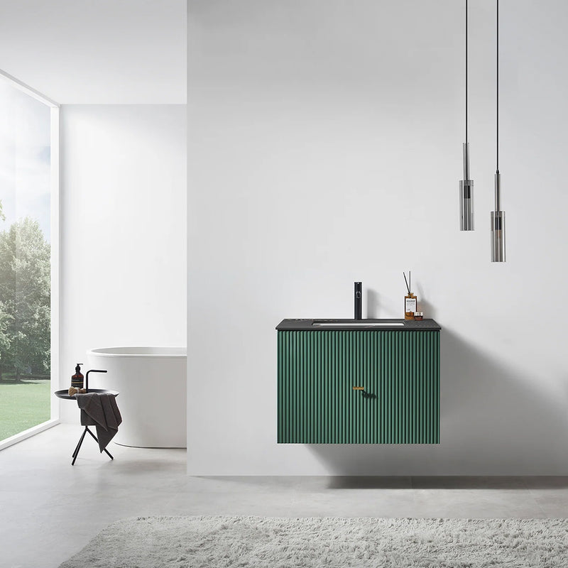 Barcelona 1 Drawer Bathroom Vanity with Black Stone Sink - Wall Mount - 30" Wood/Forest Green