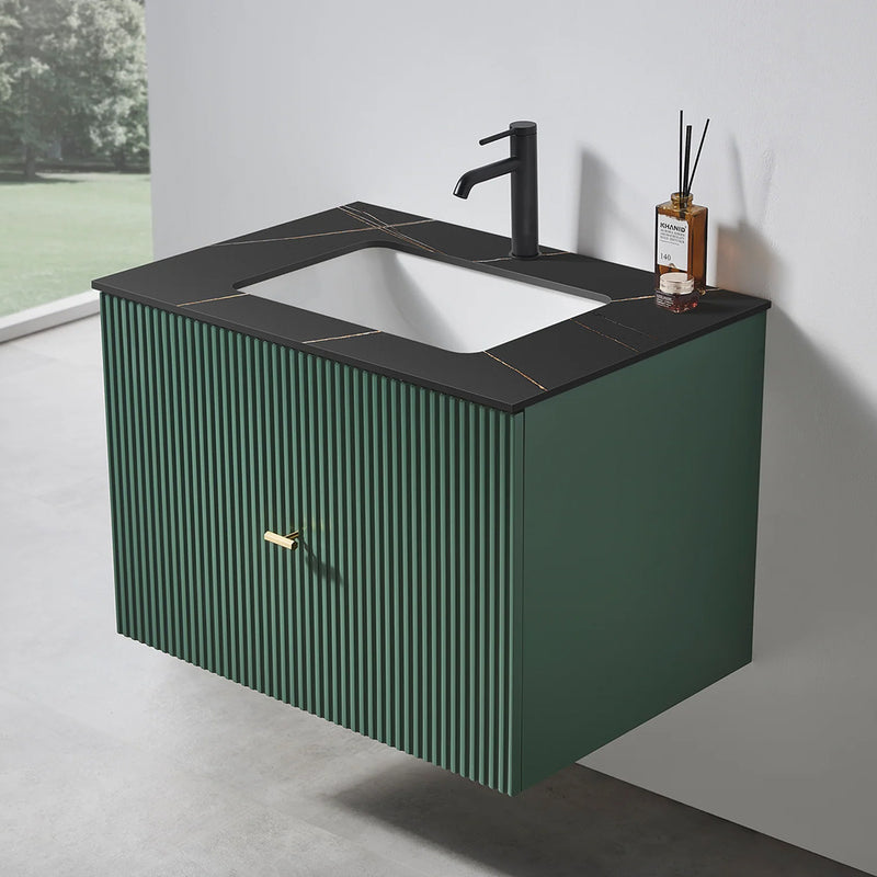 Barcelona 1 Drawer Bathroom Vanity with Black Stone Sink - Wall Mount - 30" Wood/Forest Green