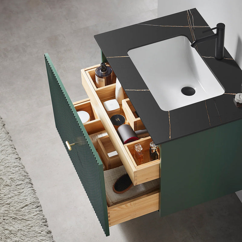 Barcelona 1 Drawer Bathroom Vanity with Black Stone Sink - Wall Mount - 30" Wood/Forest Green