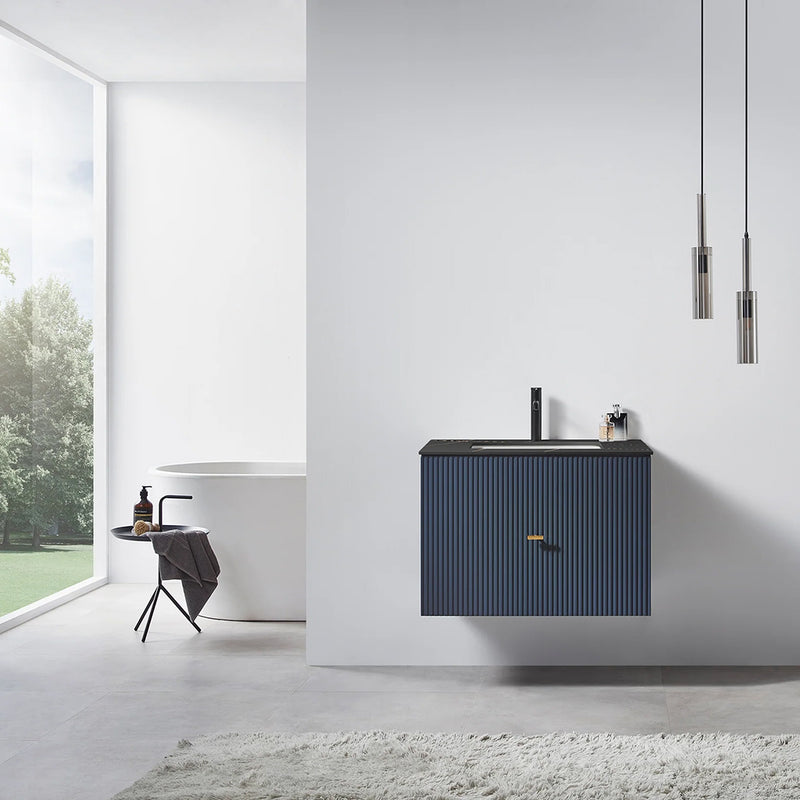 Barcelona 1 Drawer Bathroom Vanity with Black Stone Sink - Wall Mount - 30" Wood/Dark Blue