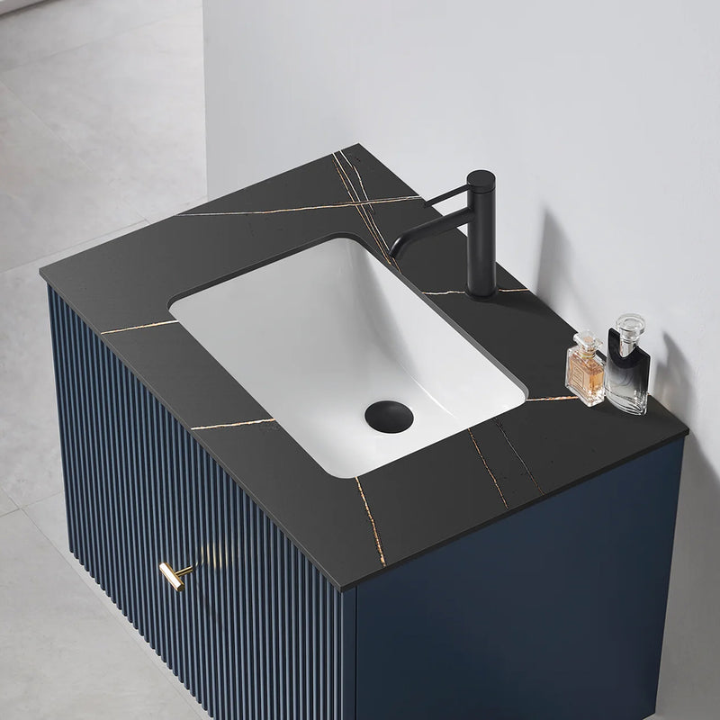 Barcelona 1 Drawer Bathroom Vanity with Black Stone Sink - Wall Mount - 30" Wood/Dark Blue