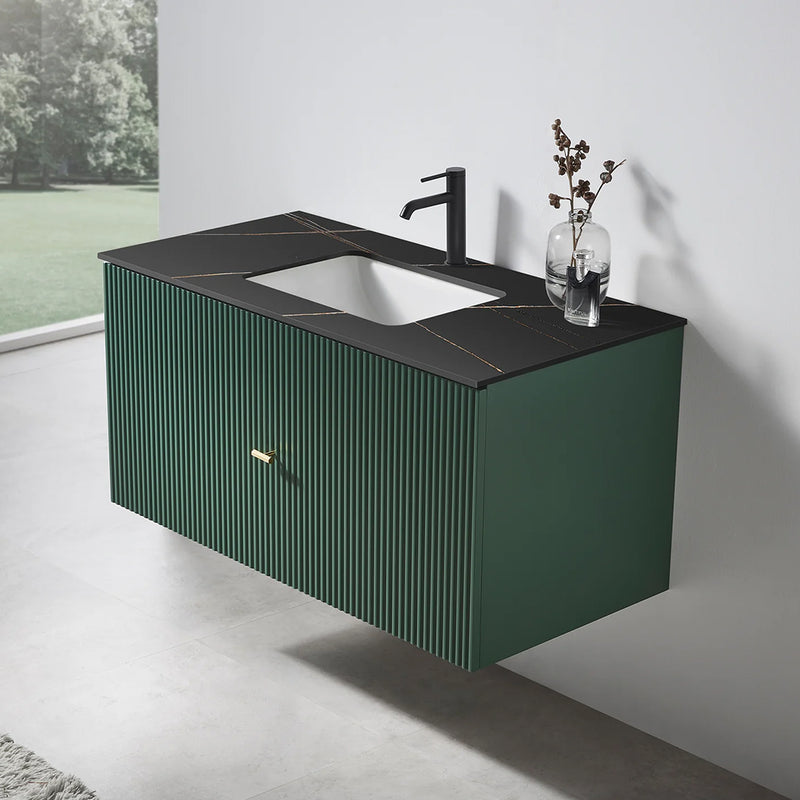Barcelona 1 Drawer Bathroom Vanity with Black Stone Sink - Wall Mount - 42" Wood/Forest Green