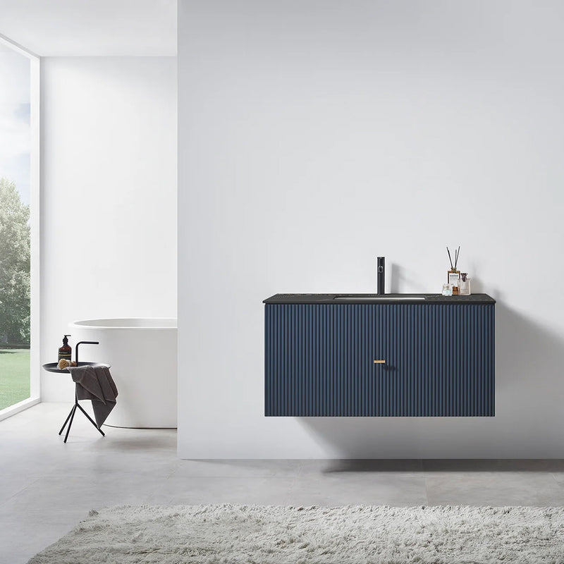 Barcelona 1 Drawer Bathroom Vanity with Black Stone Sink - Wall Mount - 42" Wood/Dark Blue
