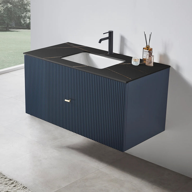 Barcelona 1 Drawer Bathroom Vanity with Black Stone Sink - Wall Mount - 42" Wood/Dark Blue