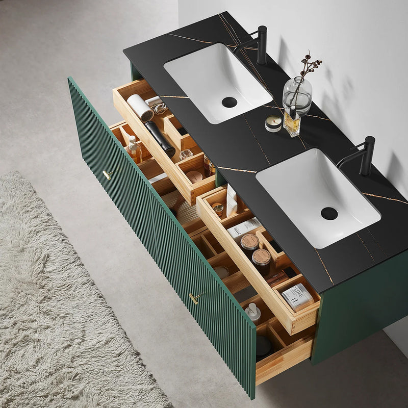 Barcelona 2 Drawers Bathroom Vanity with Black Stone Sink - Wall Mount - 60" Wood/Forest Green