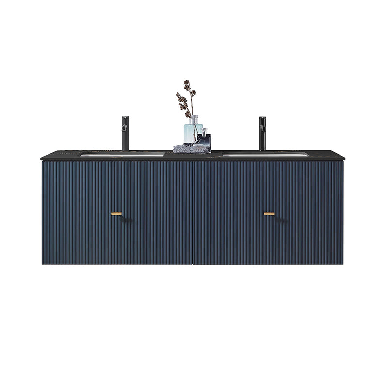 Barcelona 2 Drawers Bathroom Vanity with Black Stone Sink - Wall Mount - 60" Wood/Dark Blue