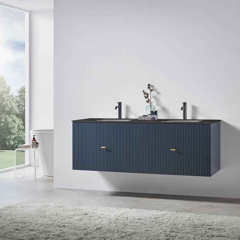 Barcelona 2 Drawers Bathroom Vanity with Black Stone Sink - Wall Mount - 60" Wood/Dark Blue