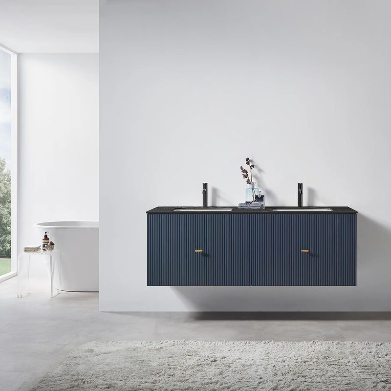 Barcelona 2 Drawers Bathroom Vanity with Black Stone Sink - Wall Mount - 60" Wood/Dark Blue