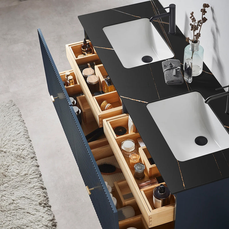 Barcelona 2 Drawers Bathroom Vanity with Black Stone Sink - Wall Mount - 60" Wood/Dark Blue