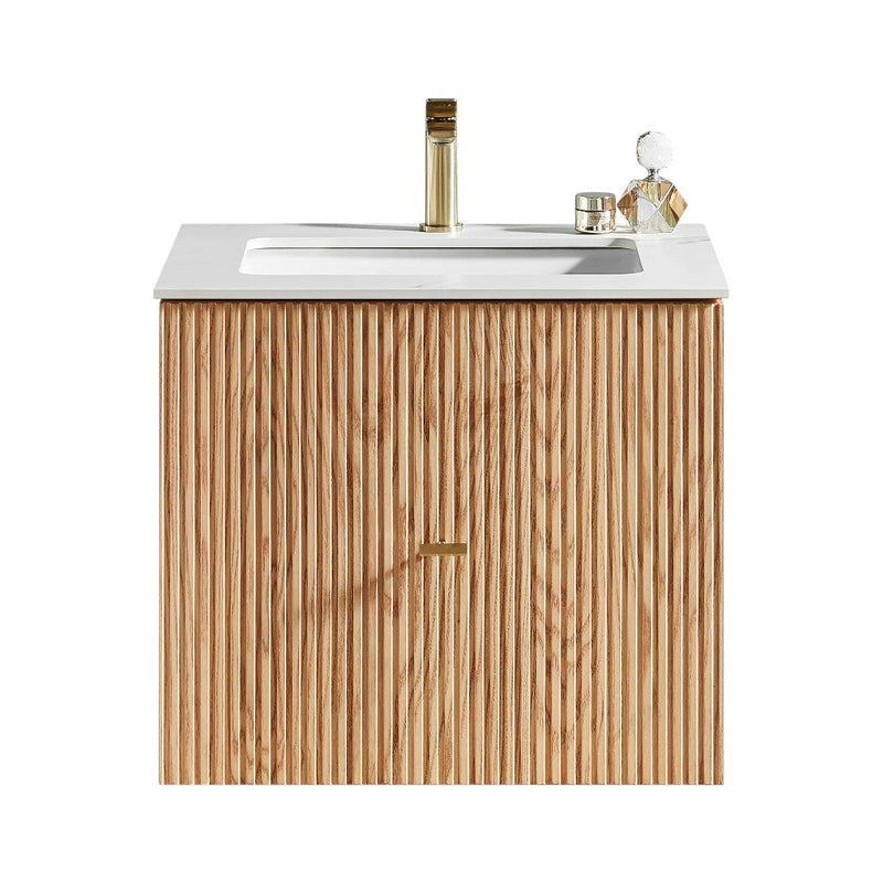 Barcelona 1 Drawer Bathroom Vanity with White Stone Sink - Wall Mount - 24" Wood/Natural Oak