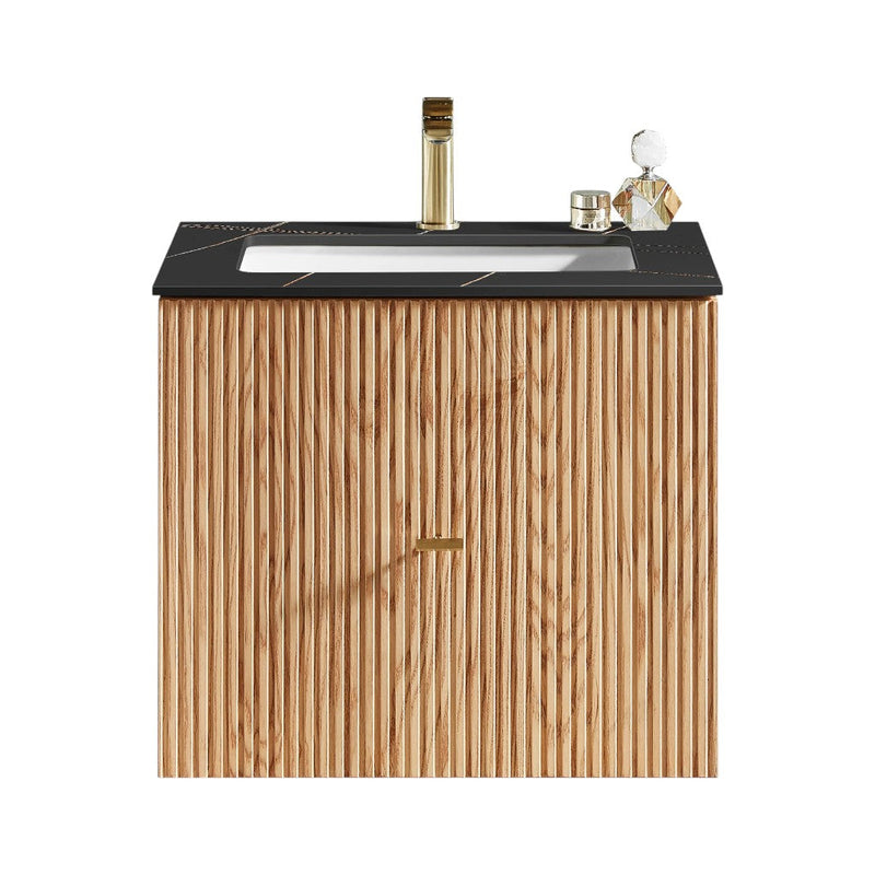Barcelona 1 Drawer Bathroom Vanity with Black Stone Sink - Wall Mount - 24" Wood/Natural Oak