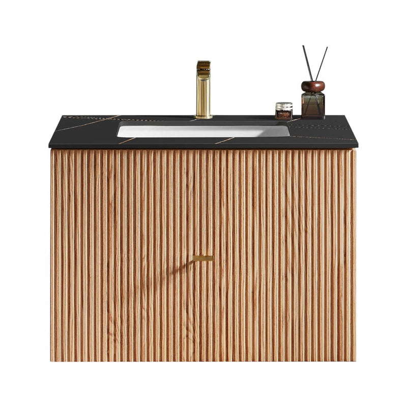 Barcelona 1 Drawer Bathroom Vanity with Black Stone Sink - Wall Mount - 30" Wood/Natural Oak