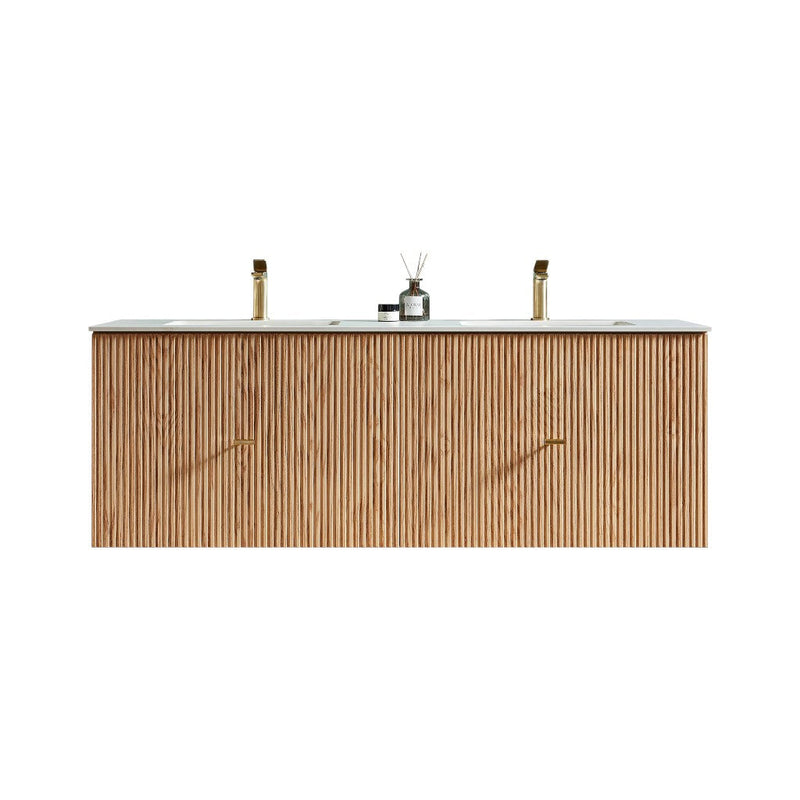 Barcelona 2 Drawers Bathroom Vanity with White Stone Sink - Wall Mount - 60" Wood/Natural Oak