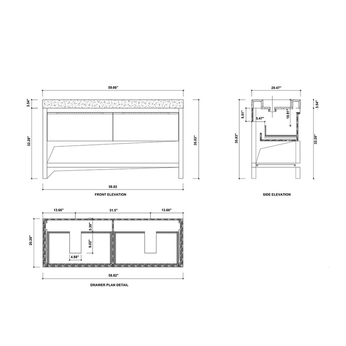 Bibury 2 Drawers Bathroom Vanity with Quartz Sink - Floor Mount - 60" Wood/Chestnut Oak