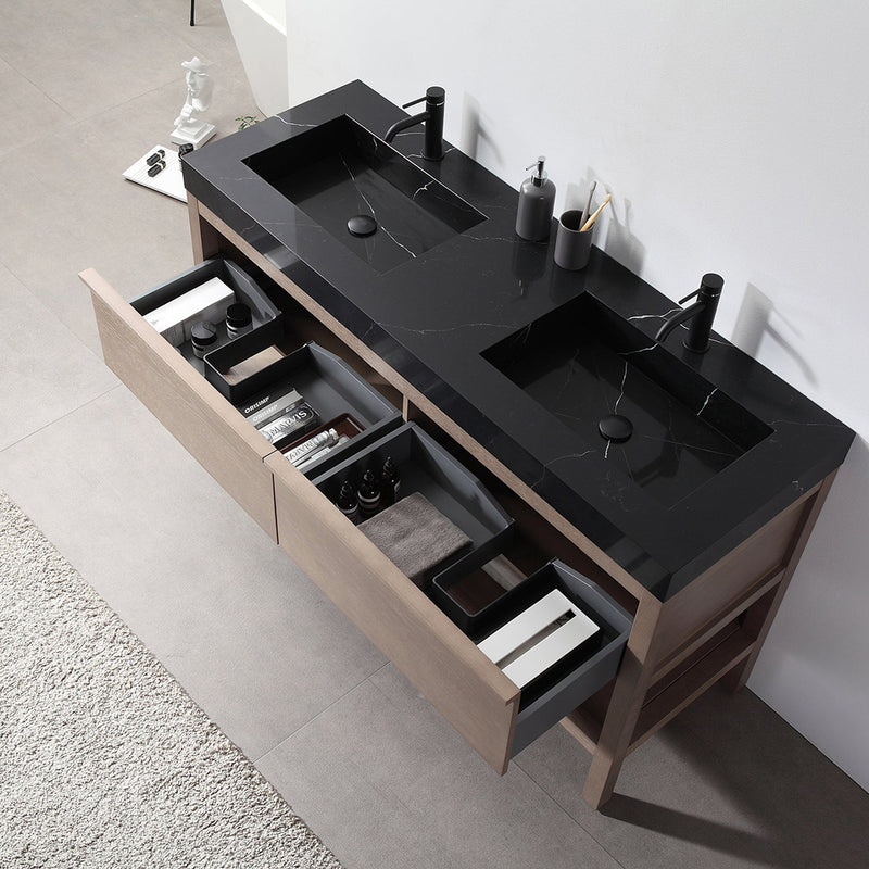 Bibury 2 Drawers Bathroom Vanity with Quartz Sink - Floor Mount - 60" Wood/Chestnut Oak