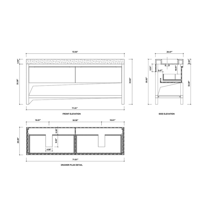 Bibury 2 Drawers Bathroom Vanity with Quartz Sink - Floor Mount - 72" Wood/Whitewash Oak