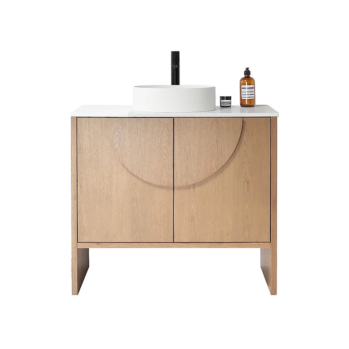 Celle 2 Doors Bathroom Vanity with Solid Surface Top and Vessel Sink - Floor Mount - 36" Wood/Pecan Oak