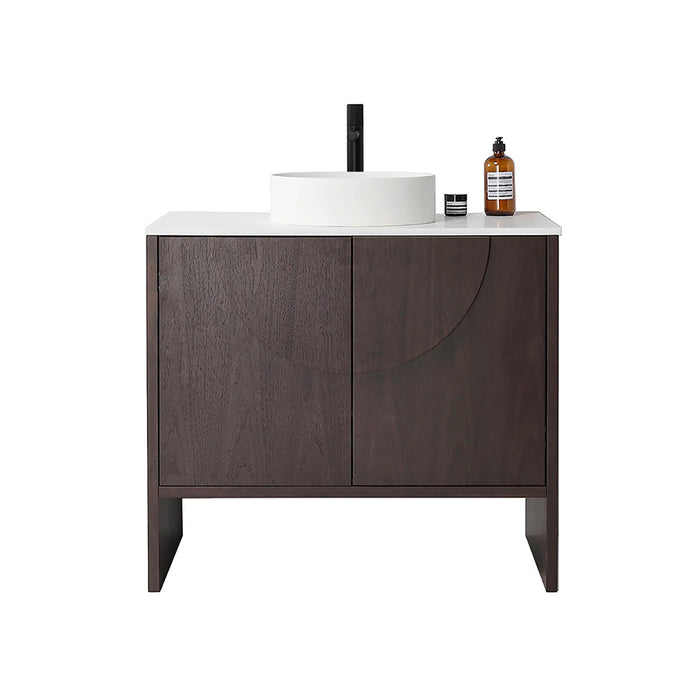 Celle 2 Doors Bathroom Vanity with Solid Surface Top and Vessel Sink - Floor Mount - 36" Wood/Dark Walnut