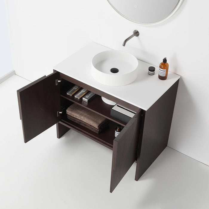 Celle 2 Doors Bathroom Vanity with Solid Surface Top and Vessel Sink - Floor Mount - 36" Wood/Dark Walnut