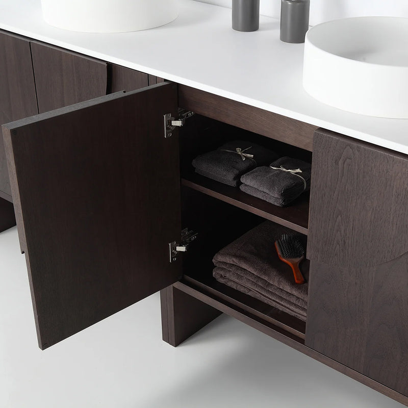 Celle 4 Doors Bathroom Vanity with Solid Surface Top and Vessel Sink - Floor Mount - 72" Wood/Dark Walnut